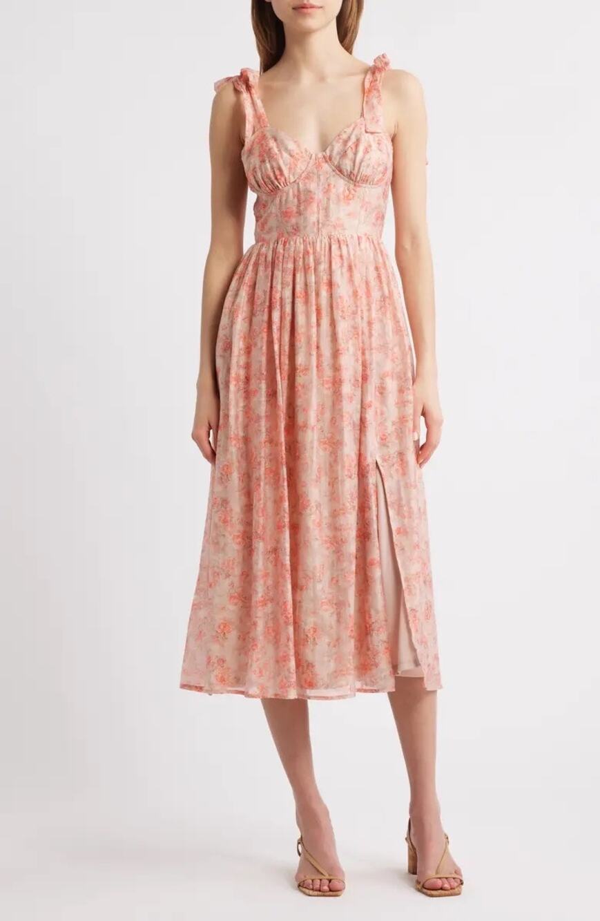 Lulus Pink Floral Pleated Chiffon Bustier Midi Dress Coquette Romantic wedding